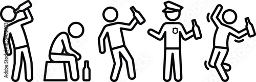 Alcohol, addiction, progression, illustration, showing, drinking, behavior, abuse, police, intervention, consequences, stick, figure, sequence, black, white, vector, infographic, concept, warning
