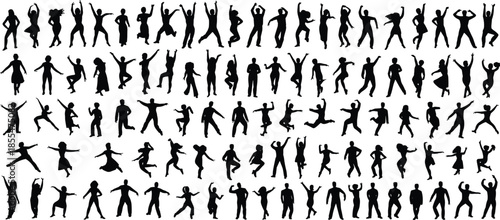 Collection of jumping dancing people silhouettes set joyful poses, active lifestyle movement illustration, human activity diversity energy fitness fun concept