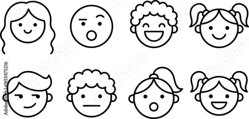Cute children face icons collection showing different emotions, simple line style kids avatars isolated on white background for education design