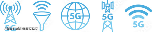5G, wireless, technology, icon, set, illustration, showing, network, signal, antenna, connectivity, internet, communication, mobile, broadband, global, digital, future, concept