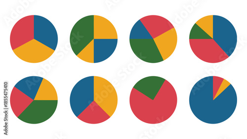 Colorful pie charts showcasing, data visualization and statistical analysis with eight distinct circular graphs, ideal for infographics