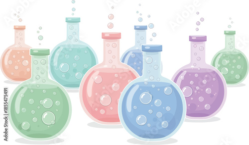 Colorful Laboratory Flasks in Pastel Shades with Bubbles for Science Experiments