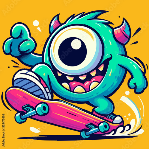 premium vector of Skateboard monster character, exaggerated eye