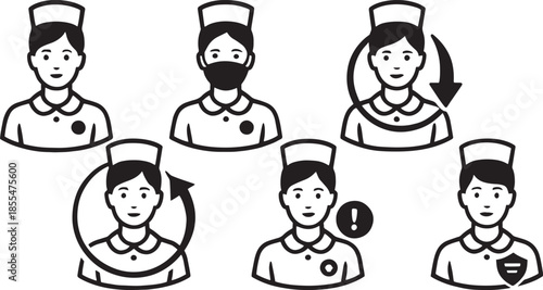 Nurse Safety and Medical Staff Line Icons Set with Mask, Warning, Rotation and Protection Symbols