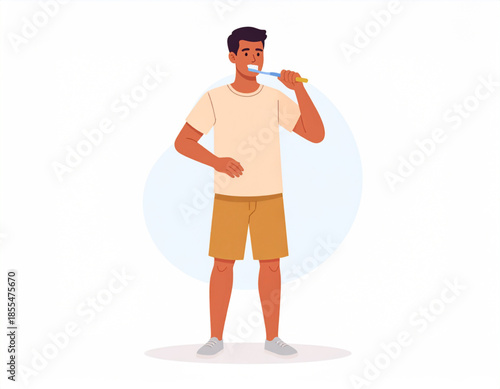 A young man with dark hair and skin, wearing a t-shirt and shorts, is standing and brushing his teeth with a toothbrush.