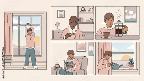 Woman enjoying a relaxing morning routine in a cozy room with a cup of coffee