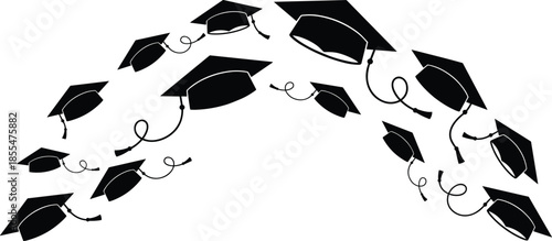 Flying graduation caps silhouettes forming arc, academic celebration success concept illustration isolated on white background for education design projects branding