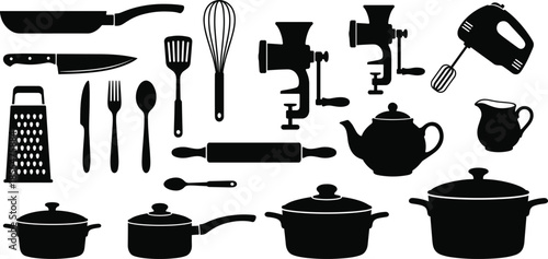 Kitchen utensils and cookware silhouettes collection, cooking tools and appliances icons isolated on white background for culinary graphic design projects