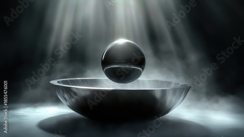 Spherical perfume bottle floating above polished silver bowl