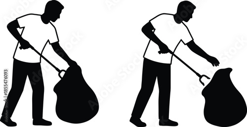Man collecting garbage silhouette illustration, waste management and cleaning service concept isolated on white background for environmental graphic design projects