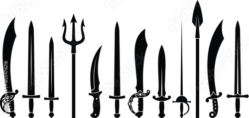 Medieval weapons silhouettes collection featuring swords daggers spears and trident icons isolated on white background for fantasy history graphic design