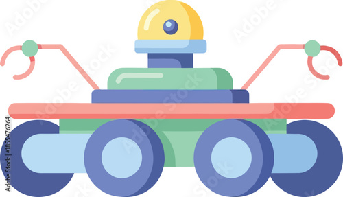 Cute cartoon robot with a friendly appearance featuring colorful round shapes and mechanical arms