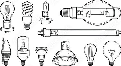 Light bulb and lamp illustration collection showing various electric lighting types, technical line art icons isolated on white background
