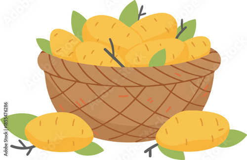 Rustic woven basket filled with yellow potatoes and green leaves, perfect for farm market posters, recipe cards, food packaging, and harvest themed designs