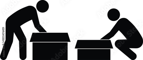 People lifting boxes silhouette illustration, teamwork and manual labor concept, warehouse moving work isolated on white background for business design