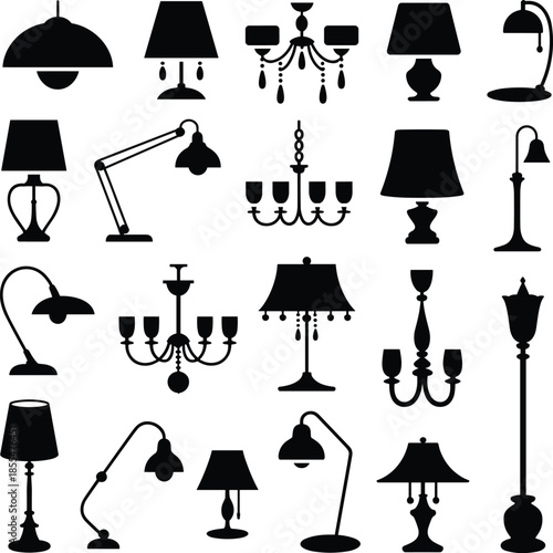 Elegant Lamp and Chandelier Silhouettes Vector Set, Assortment of Decorative Lighting Fixtures, Various Floor, Table, and Hanging Light Designs, Home Decor and Interior Graphic Elements