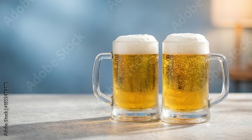 Two Glasses of Beer on Table in Cafe Bar Setting with Sunlight