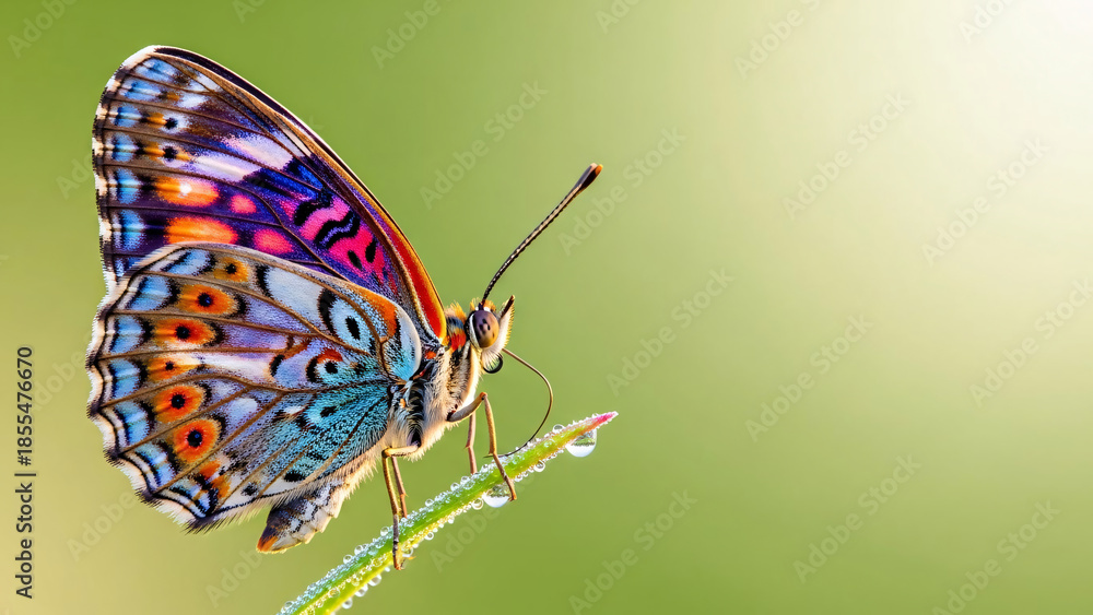 Obraz premium Colorful Butterfly with Dew Drops on Green Grass Blade Macro