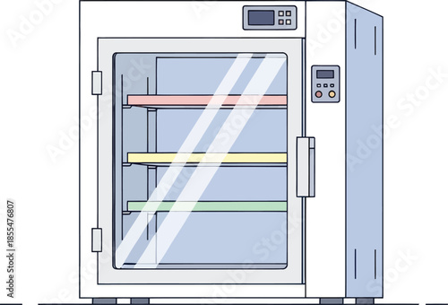illustration of a laboratory or medical incubator with glass door displaying multiple shelves for