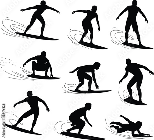 Extreme surfing and watersport black silhouettes set, multiple surfers riding big waves, catching tube, and balancing on surfboards vector graphic elements