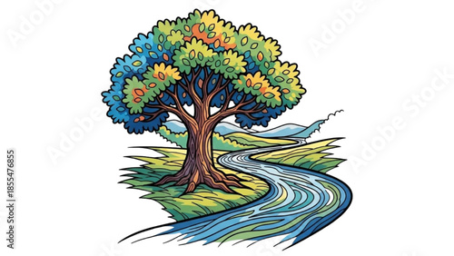 High-Quality Black Outline Colorful Art of Tree Beside Winding River