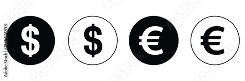 Dollar and euro currency icon set, vector symbols representing money, finance, wallet, payment, and banking concepts for digital applications