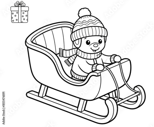 Cute cartoon animal in a winter sleigh coloring book page.