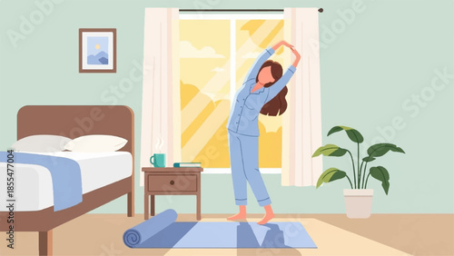 Woman practicing yoga in a serene bedroom with morning sunlight