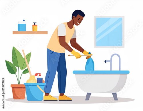 A man in yellow gloves cleaning a white bathtub in a bathroom with a mop and bucket nearby.