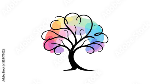 High-Quality Black Outline Colorful Art of Abstract Minimalist Tree with Flowing Line