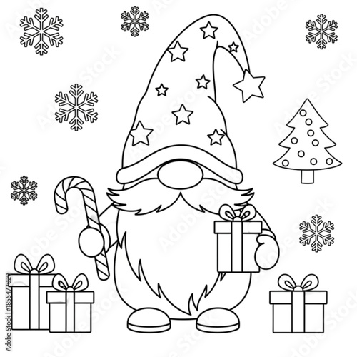 Adorable Christmas Gnome with Gifts and Candy Cane Coloring Page Illustration.