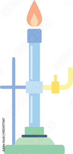 illustration of a laboratory Bunsen burner with fire and laboratory glassware for scientific