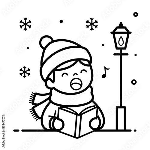 Cute cartoon child singing Christmas carols from a songbook line art.