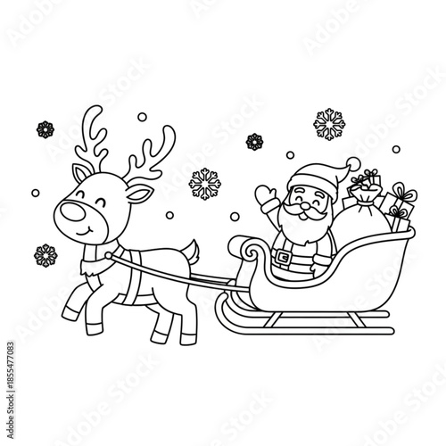 Cute cartoon Santa Claus in a sleigh pulled by a happy reindeer.