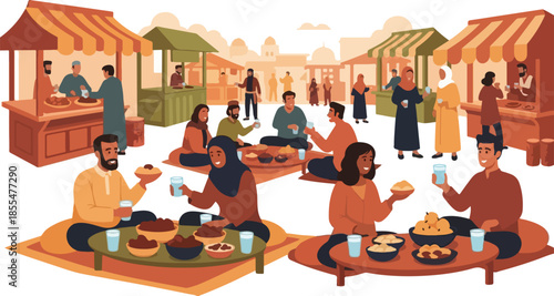 Illustration of people breaking their fast during Ramadan kareem at an outdoor market with food stalls and vendors.