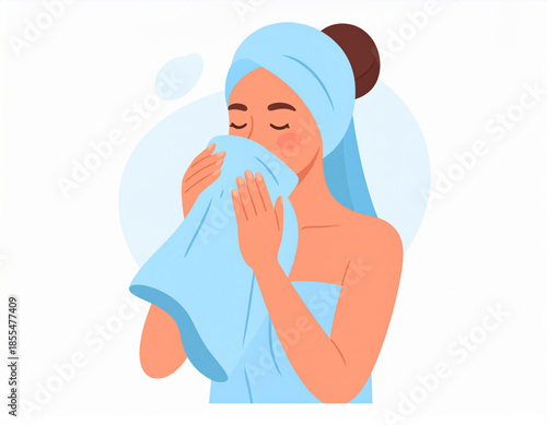 A woman smelling a fresh, clean towel after a shower, enjoying the pleasant scent of laundry.
