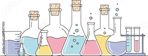 Colorful Laboratory Glassware with Chemical Liquids and Bubbles for Science Experiments and