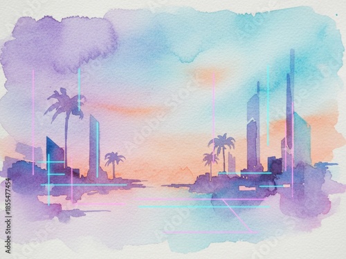 Watercolor city skyline sunset dreamy illustration