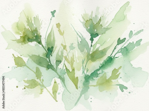 Green watercolor botanical leaves abstract background