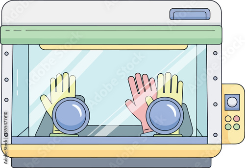 Illustration of hands wearing protective gloves operating a laboratory or industrial oven with