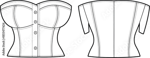 Women corset top front and back, cad drawing, flat vector illustration, strapless fashion bodice template, isolated apparel mockup design
