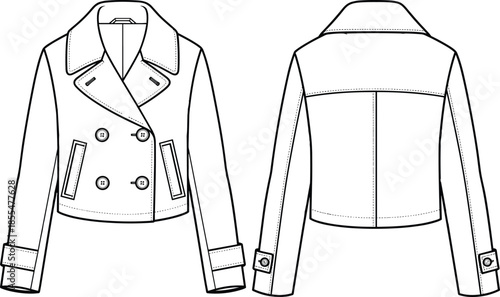 Women cropped jacket cad drawing, flat vector illustration, front and back view, fashion apparel design, outerwear technical sketch