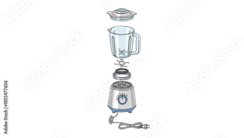 Conceptual illustration of a disassembled electric kitchen blender, showcasing each component for easy understanding and maintenance