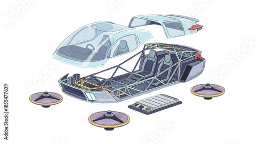 Exploded view of a futuristic personal flying vehicle chassis and components