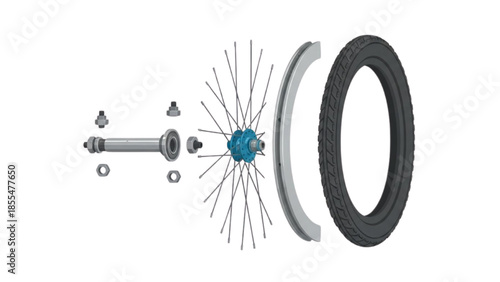 Exploded view of a bicycle wheel assembly showing all individual components separated on a clean white background, ready for maintenance or repair
