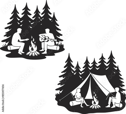 Forest Camping Silhouette Vector Set, Featuring Friends with Campfire and Guitar, Plus People Setting Up a Tent in the Pine Tree Wilderness Scene