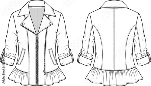 Women peplum jacket flat vector CAD drawing, front back view fashion outerwear technical illustration apparel design template outline