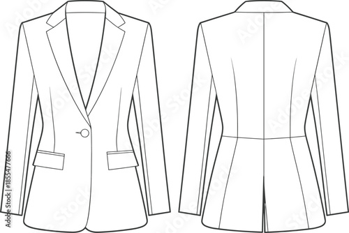Women tailored blazer front and back, cad drawing, flat vector illustration, formal fashion jacket template, isolated apparel mockup, design, technical