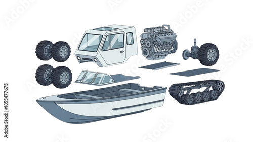 Detailed illustration of modular vehicle components for custom assembly, showcasing engine, cabin, and boat hull