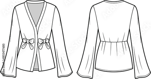 Women wrap blouse front and back, cad drawing, flat vector illustration, feminine fashion top template, elegant apparel mockup, design, isolated